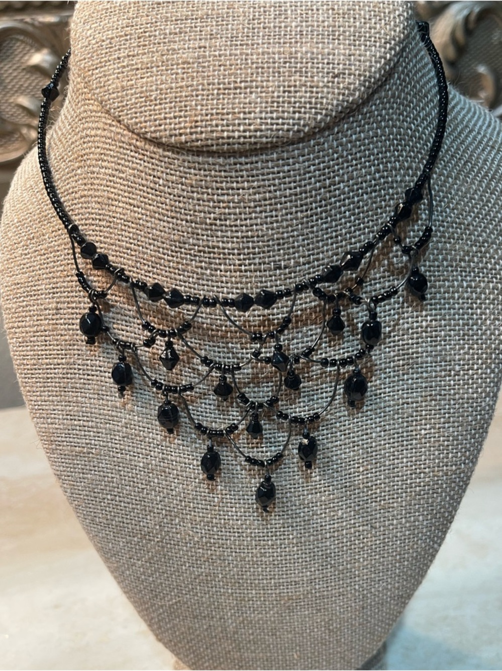 Elegant Black Beaded Fringe Choker Necklace